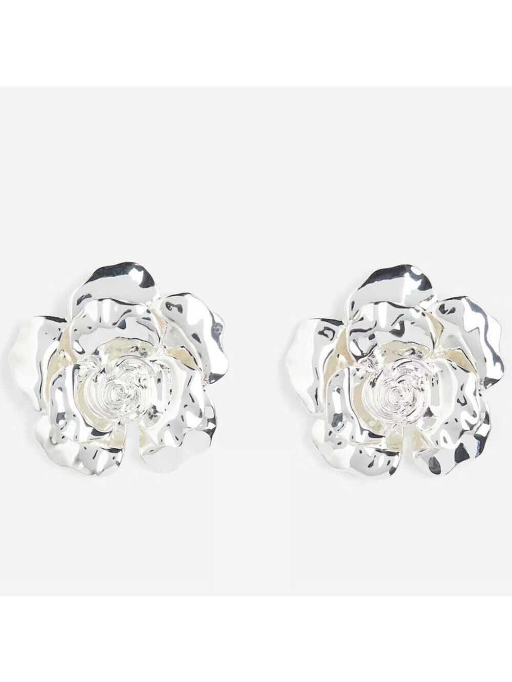 H&M Silver Metallic Rose Bloom Flower Shaped Stud Earrings